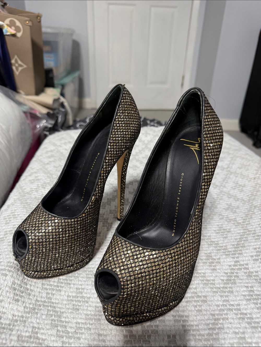 Giuseppe Zanotti Metallic Gold Mesh Peep-Toe Stilettos 5 inch Sexy